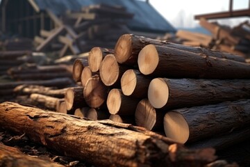 A pile of logs sitting on top of a pile of wood. This image can be used to depict a lumberyard, firewood storage, or the logging industry