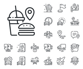 Meal order location sign. Plane, supply chain and place location outline icons. Food delivery line icon. Fast food symbol. Fast food line sign. Taxi transport, rent a bike icon. Travel map. Vector
