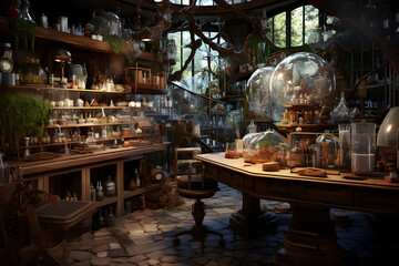 Fantastic medieval alchemy laboratory room. Neural network generated image. Not based on any actual person or scene. - obrazy, fototapety, plakaty