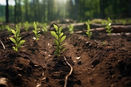 A detailed close-up of various plants growing in dirt. This image can be used to showcase the beauty of nature, gardening, or the growth and development of plants.