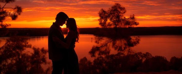 Silhouette of a couple sharing a kiss against a colourful sunset in a lake . copy space for text, banner background, valentines and love card, Love concept