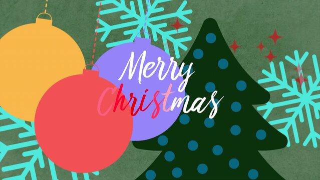 Merry Christmas with colorful bells on and Christmas tree on cartoon texture, motion holidays and winter style background for New Year and Merry Christmas