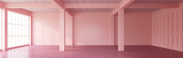 Morning light in empty room decorated with pink wall and pink floor. There are glass window and an exposed bare ceiling. 3d rendering