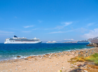Large cruise ships in the sea port of Mykonos Island in Greece