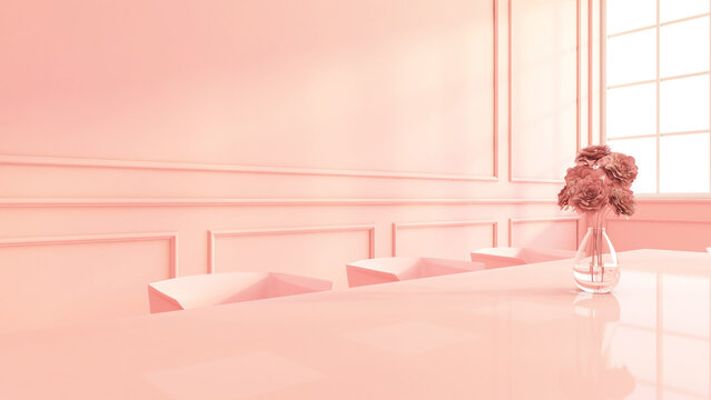 Free space on dining table with pink wall cornice. 3d rendering
