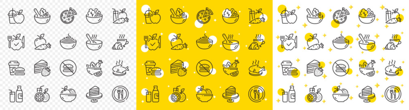 Vegatable dish, poke bowl food and healthy salad set. Meal line icons. Pizza, pasta spaghetti bowl and burger line icons. Breakfast meal, vegetable salad and fish. Apple and carrot fresh juice. Vector