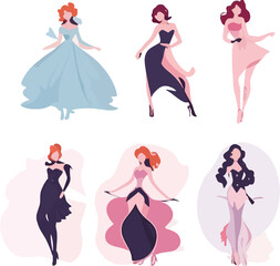 set of women dressed fashion icon vector