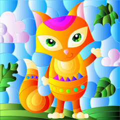 An illustration in the style of a stained glass window with bright cartoon fox on a background of blue sky and leaves