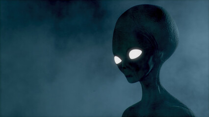 Scary gray alien walks and looks blinking on a dark smoky backgr