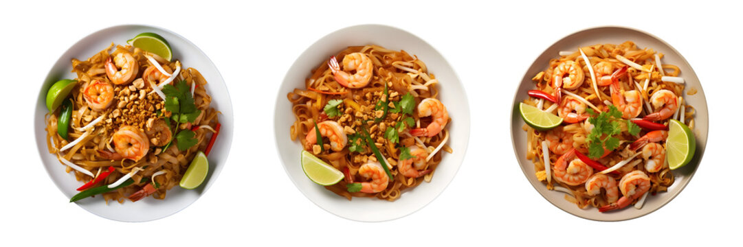 pad thai, top view, transparent background, isolated image, generative AI
