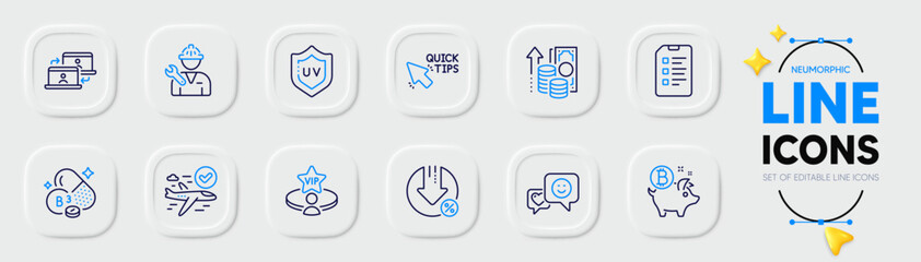 Checklist, Outsource work and Repairman line icons for web app. Pack of Vip table, Niacin vitamin, Loan percent pictogram icons. Confirmed flight, Inflation, Smile signs. Quick tips. Vector