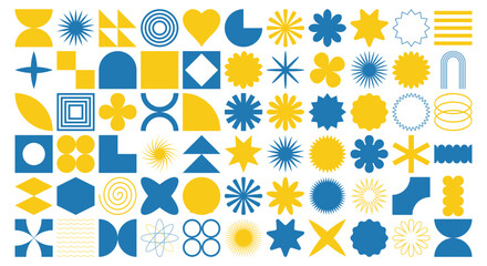 Collection of brutalist geometric shapes. Blue and yellow abstract geometric shapes. Graphic design elements. Vector illustration
