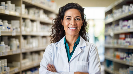 Smiling pharmacist in a pharmacy portrait, mature latina woman in drug store, hd - obrazy, fototapety, plakaty