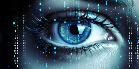 eye in the blue,A blue eye with a digital background,Woman iris vision technology science eye human security digital face system glowing - obrazy, fototapety, plakaty