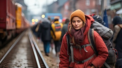 Young woman with backpack on the platform of a railway station