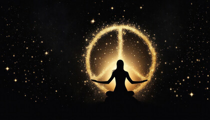 Fototapeta na wymiar Praying for cosmic peace with peace symbol and universe background with copy space