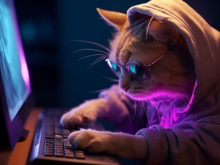 Hacker cat working with computer