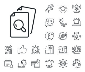 Research documents sign. Place location, technology and smart speaker outline icons. Inspect line icon. Search file symbol. Inspect line sign. Influencer, brand ambassador icon. Vector