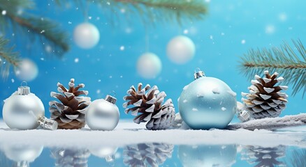 Fototapeta na wymiar Christmas decor balls in the snow, pinecones.