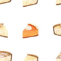 Watercolor pumpkin slice pie, orange seamless pattern, traditional dessert for Thanksgiving dinner. Hand-drawn illustration isolated on white background. Perfect for menu, cooking, packing, card