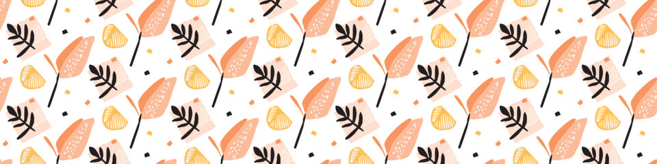 Midcentury modern floral vector endless vector border. Organic summer gender neutral 70s matisse banner.