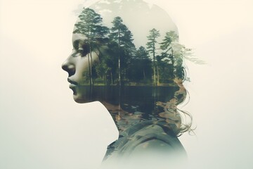 Double exposure of a female head silhouette and forest in the background.