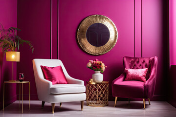 A room with bright fuchsia walls. White and gold accents, pink velvet chairs and decorative mirrors