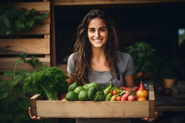 young woman holding a wooden box full of fresh vegetables