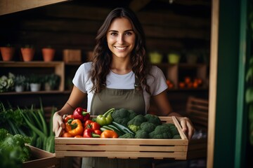 Beautiful young woman in apron holding wooden box with fresh vegetables in the kitchen