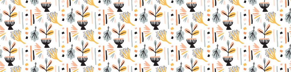 Midcentury modern floral vector endless vector border. Organic summer gender neutral 70s matisse banner.