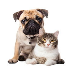 Front view close up of French Bulldog and Scottish Fold Cat isolated on a white transparent background