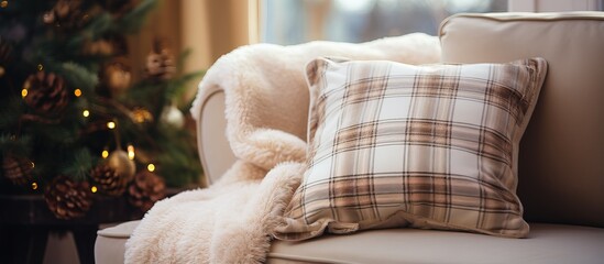 Fototapeta na wymiar Beige photo of cozy plaid socks on a cushioned sofa