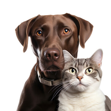 Front view close up of Labrador Retriever and Siamese Cat isolated on a white transparent background