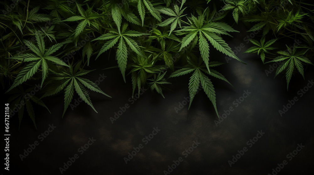 Wall mural marijuana leaves, green on a dark background with copy space