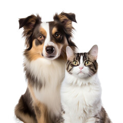 Front view close up of Australian Shepherd and Siamese Cat isolated on a white transparent background