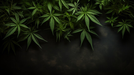 Marijuana leaves, green on a dark background with copy space