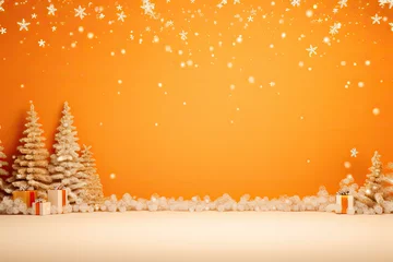 Fotobehang Orange wall mockup with copy space decorated in Christmas style with lights and pines on the sides, orange and yellow tones with falling snowflakes © zakiroff