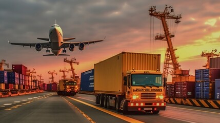 Various Cargo Transports Symbolize Interconnected Logistics Supporting the Modern Global Marketplace - obrazy, fototapety, plakaty