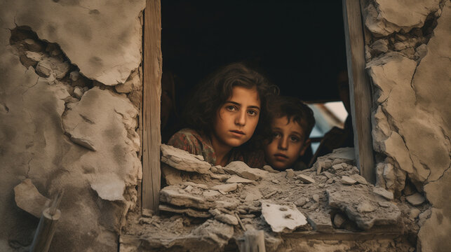 A family in the ruins of a war-torn city somewhere in the Middle East