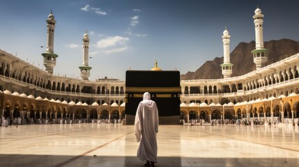 Man Walking Towards Kaaba Represents Journey of Spiritual Discovery and Deepening Faith - obrazy, fototapety, plakaty