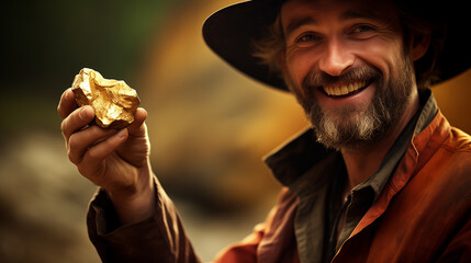 A man is overjoyed to find a large gold nugget - obrazy, fototapety, plakaty