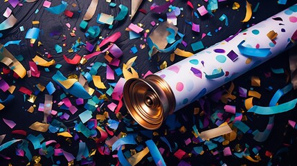 A close-up of a New Year's Eve confetti cannon about to burst with colorful paper.