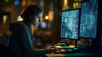 Obraz premium candid female programmer deeply engrossed in her work, showcasing passion and focus in the world of coding