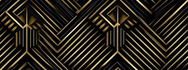 Seamless golden art deco optical illusion striped squares line pattern. Vintage 1920 abstract geometric gold plated relief, black background. Modern elegant metallic luxury backdrop