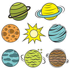 A set of cosmic vectors - comet, planet, moon, sun, star. Vector illustration in cartoon style.