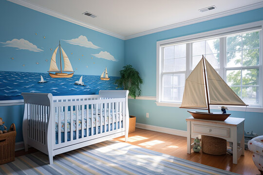 Children's bedroom with picture wall of the sea and sail boat. Soft blue walls, white cribs with blue linens