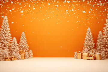Orange wall mockup with copy space decorated in Christmas style with lights and Christmas trees