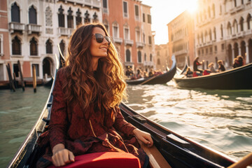 A young woman rides a gondola through Venice - obrazy, fototapety, plakaty