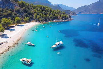 Aerial drone view of Oludeniz Blue Lagoon with turquoise sea, paradise white sand beach and tourist...