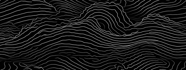 Foto op Plexiglas Seamless topographic map pattern made of thin white contour lines or stripes on black background. Abstract topology motif or mountain landscape texture in a trendy doodle line art © Eli Berr